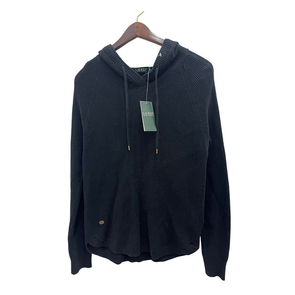 Lauren Ralph Lauren Knit Hoodie Women Size S Black‎ New Cotton Waffle Sweater